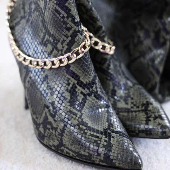 So Me Olive Snakeskin Chain Boot Heels - Picture 4 of 9